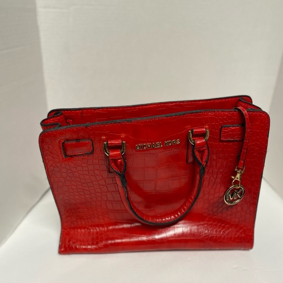 Michael Kors Red Dillon Croc Embossed Leather Medium Satchel Unique Clean Logo - Picture 4 of 10